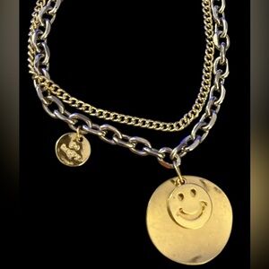 Adorable Two-Tone Necklace with Smiley Medallion 16”